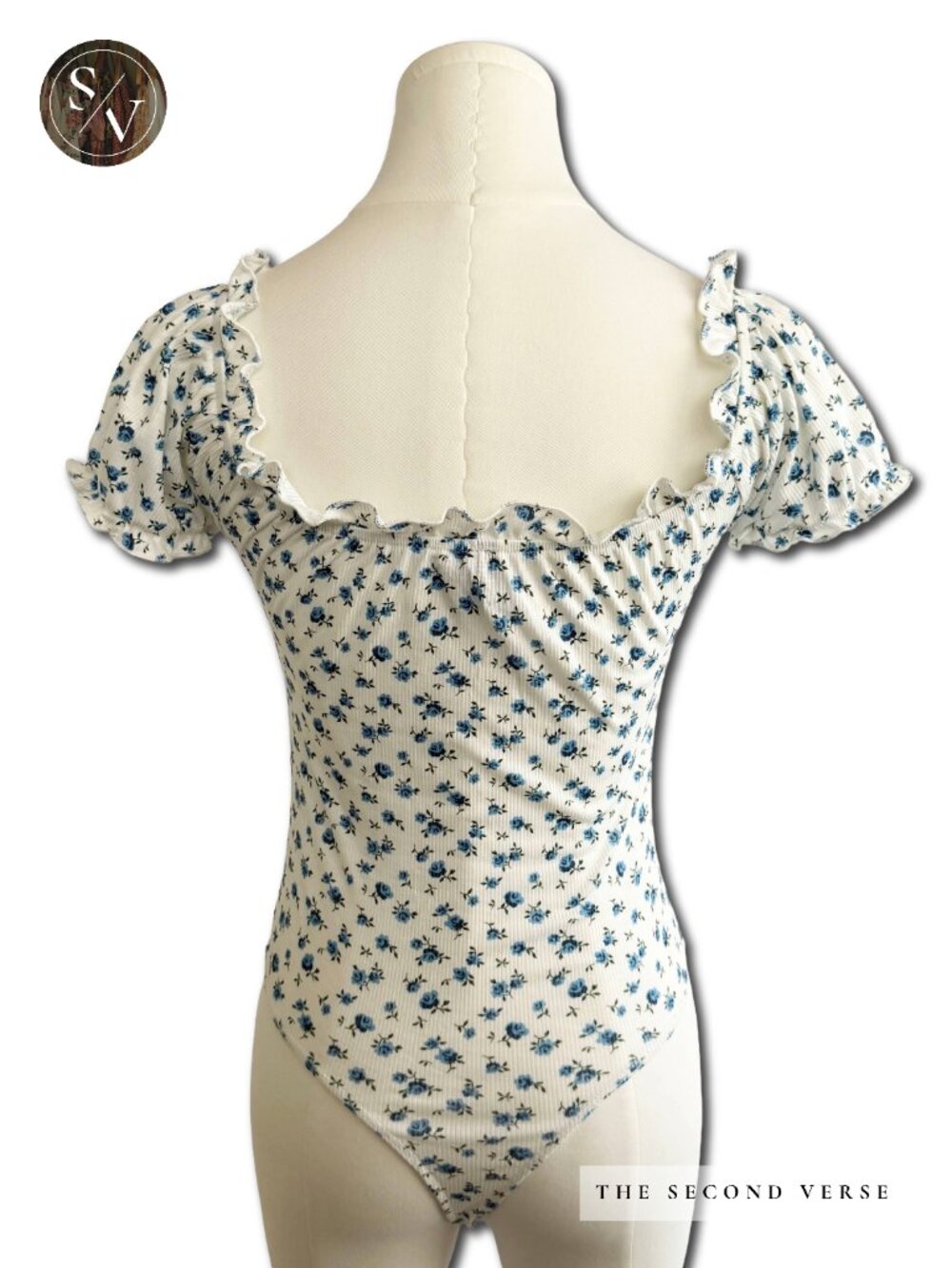 NWT Windsor Cottagecore White Blue Floral Puff Sleeve Bodysuit Size Small Spring - Picture 3 of 9